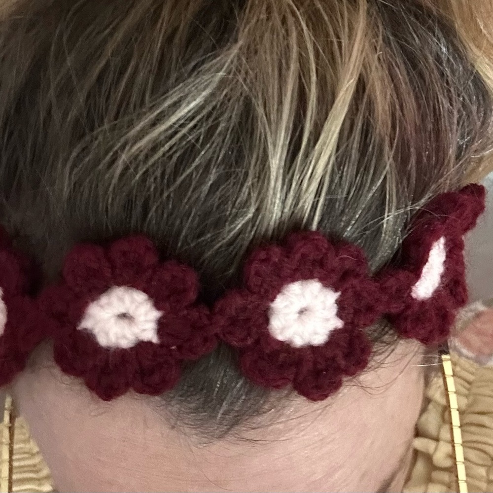 Burgundy Crochet Flower Headband with Pink Centers - Women’s Hair Accessory